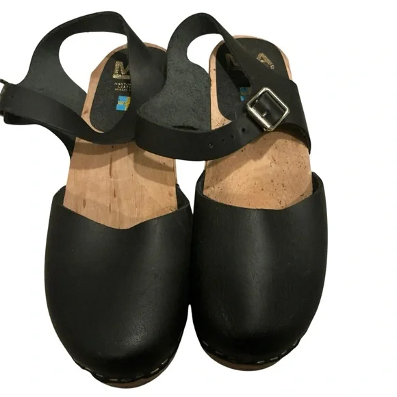 Mia Sofia Sweden black leather sandals clogs ankle strap size 37 - Picture 3 of 8